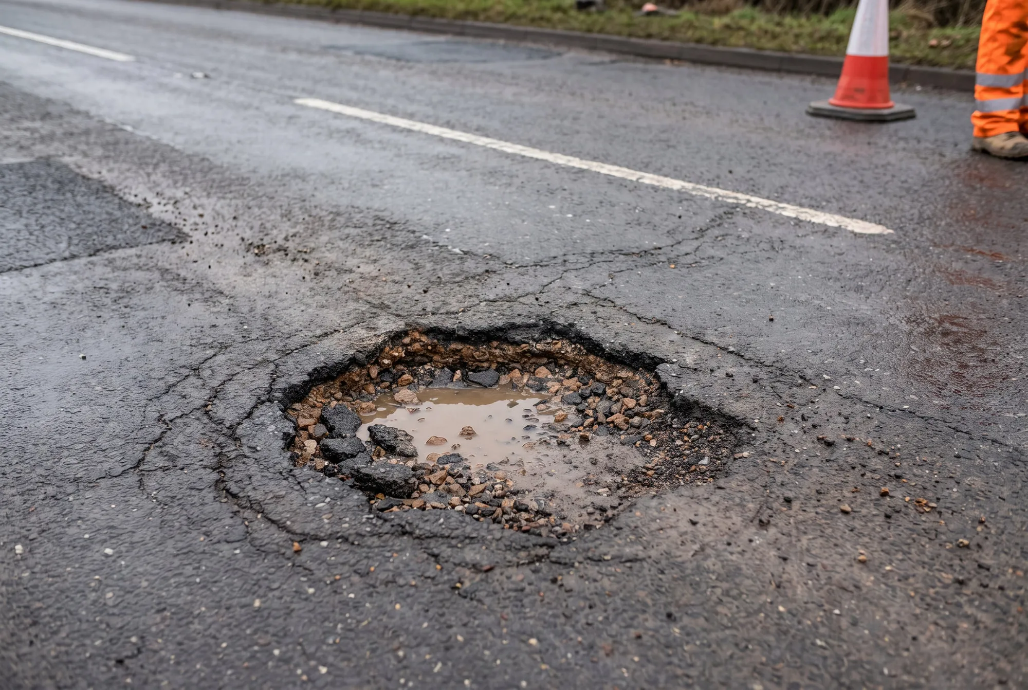 Close inspection photograph of a carriageway pothole in British asphalt before repair, showing fractured edges, layered depth and fatigue cracking around the defect.