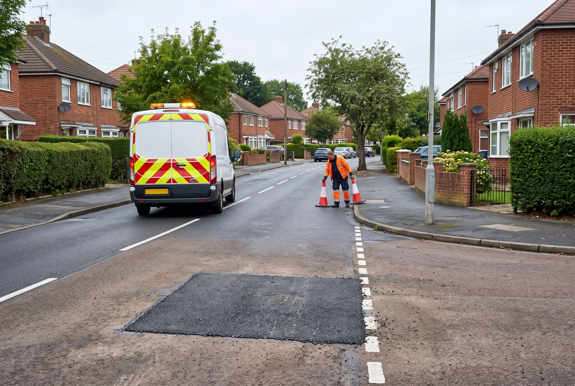 A cleanly completed localised asphalt carriageway repair in the foreground, with a highways repair van moving away along the road towards its next repair.