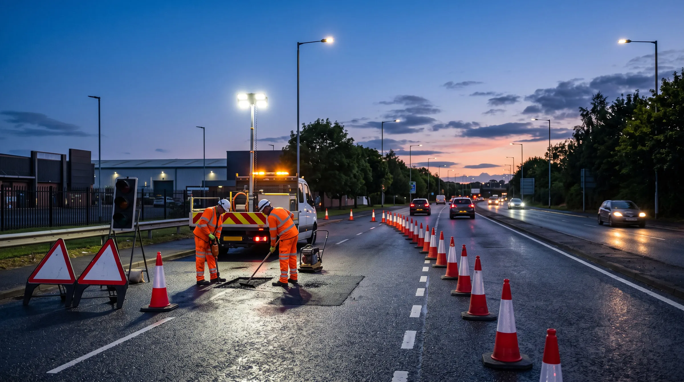 A highways maintenance crew working under mast-mounted task lighting during an evening maintenance window on a British commercial arterial road, with a long tapered cone closure and portable traffic signals.