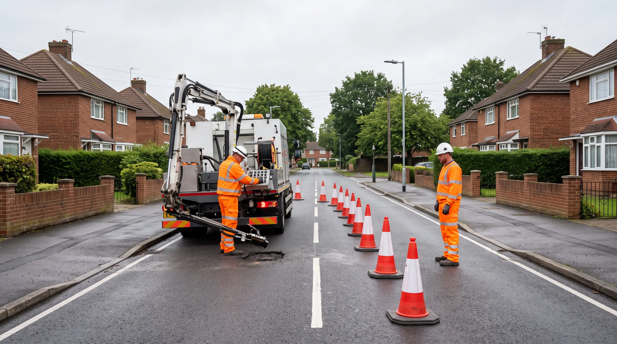 Two highways operatives in orange high-visibility clothing carrying out a rapid carriageway repair from a truck-mounted repair unit on a British suburban road, under short duration traffic management.