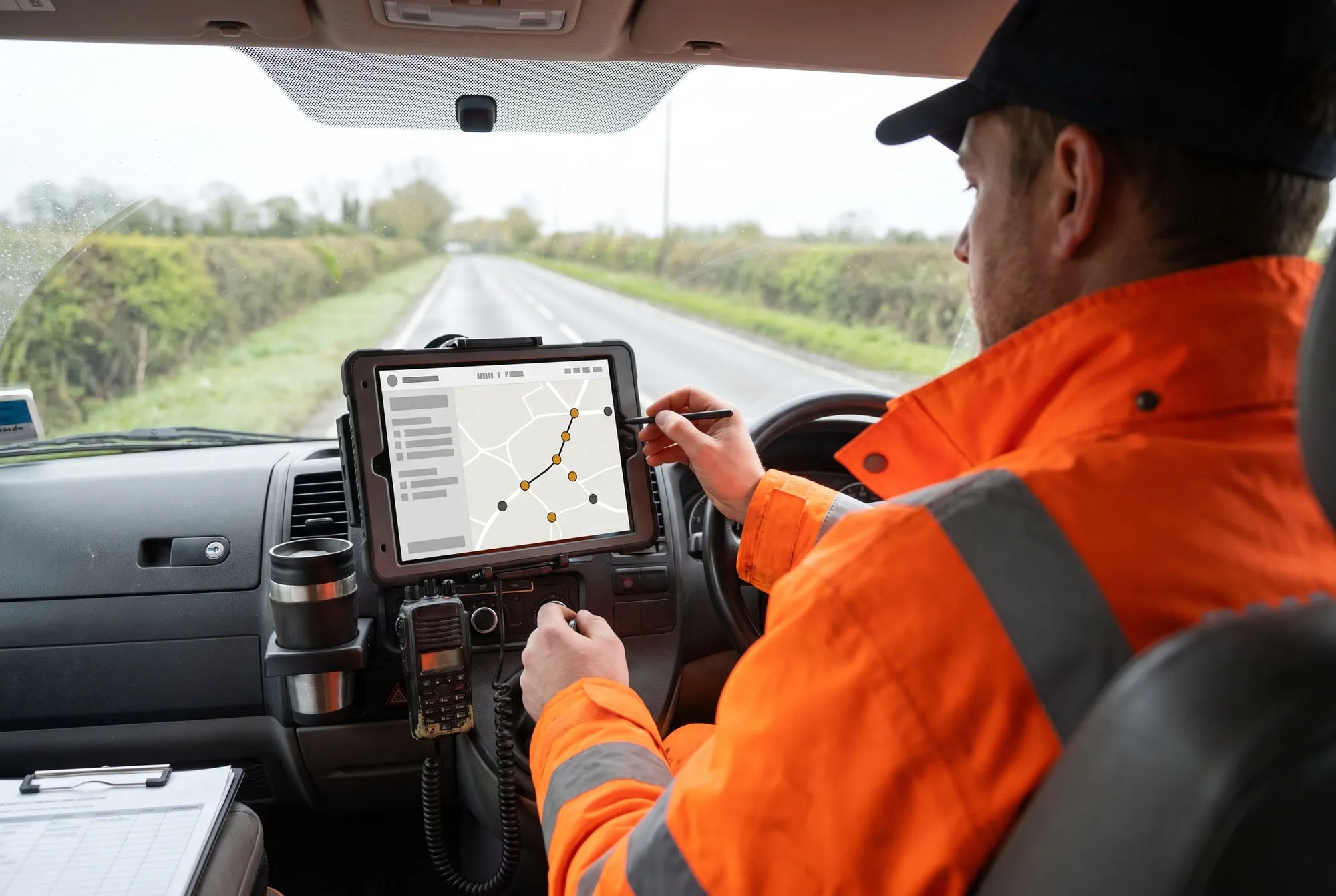 A highways operative reviewing the day's work programme on a rugged tablet mounted in a vehicle cab, showing clustered defect locations and an optimised route.