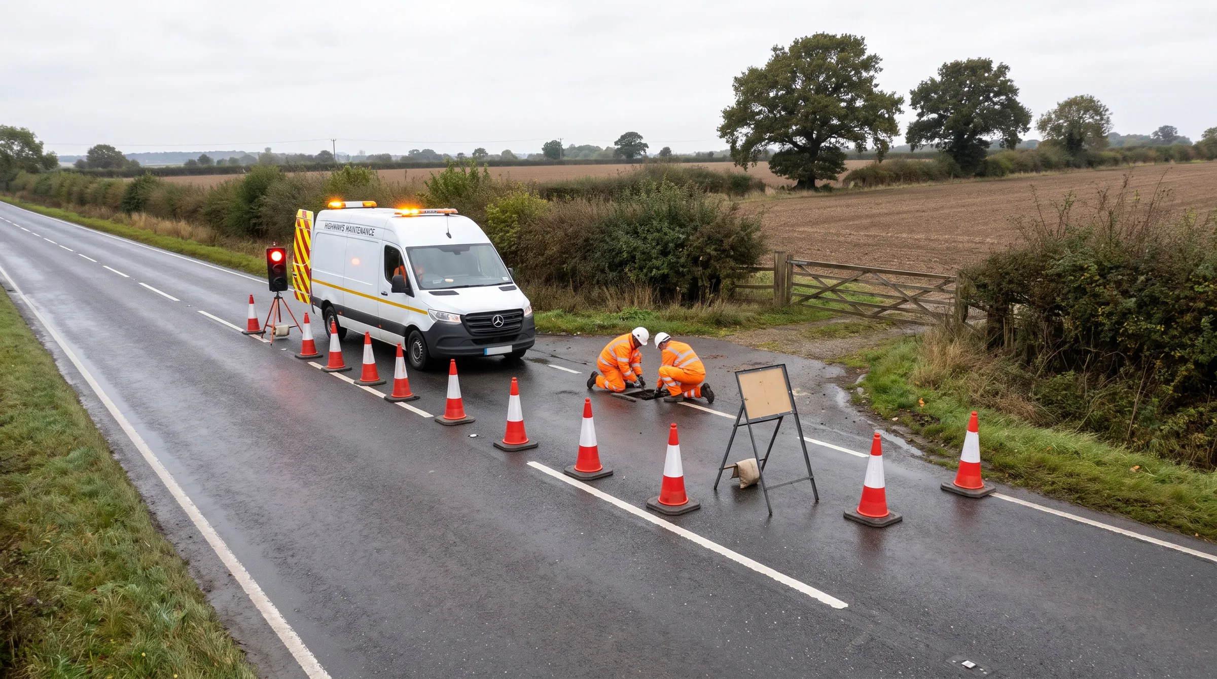 A specialist highways repair vehicle working on a two-lane rural road in the Essex countryside, with one lane closed under short duration traffic management and portable traffic signals.