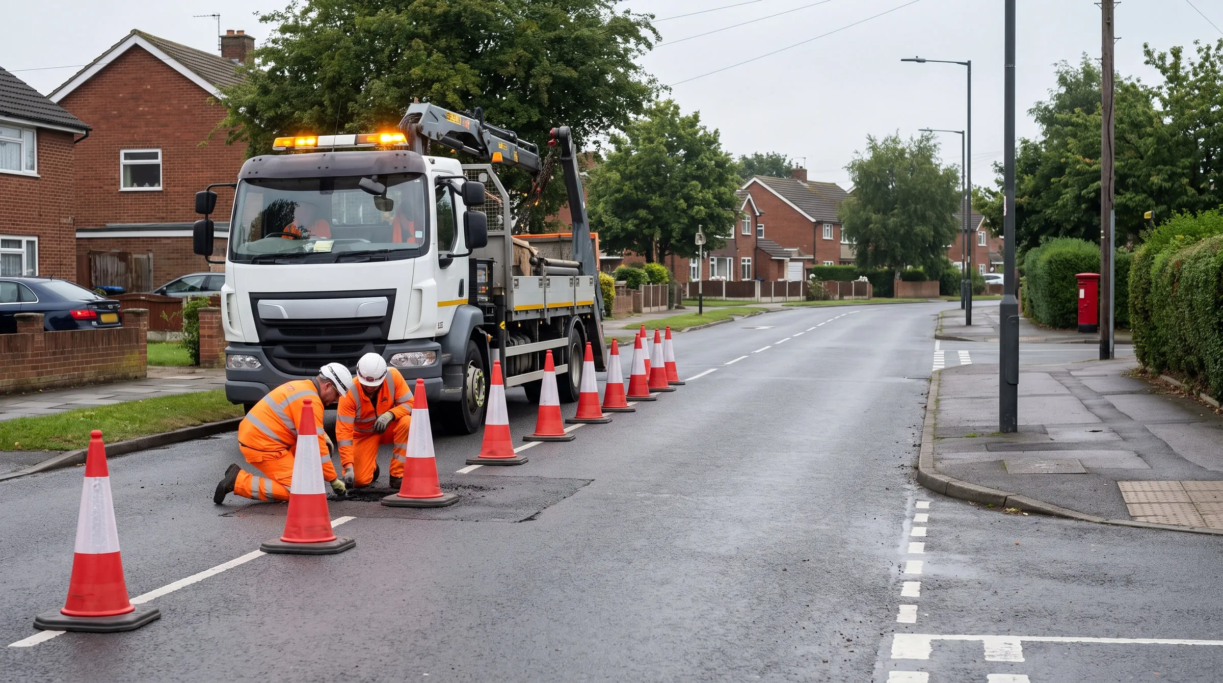 Highways operatives working at a carriageway defect inside a coned-off lane closure on a British suburban road, with a truck-mounted repair unit and a tapered line of traffic cones.