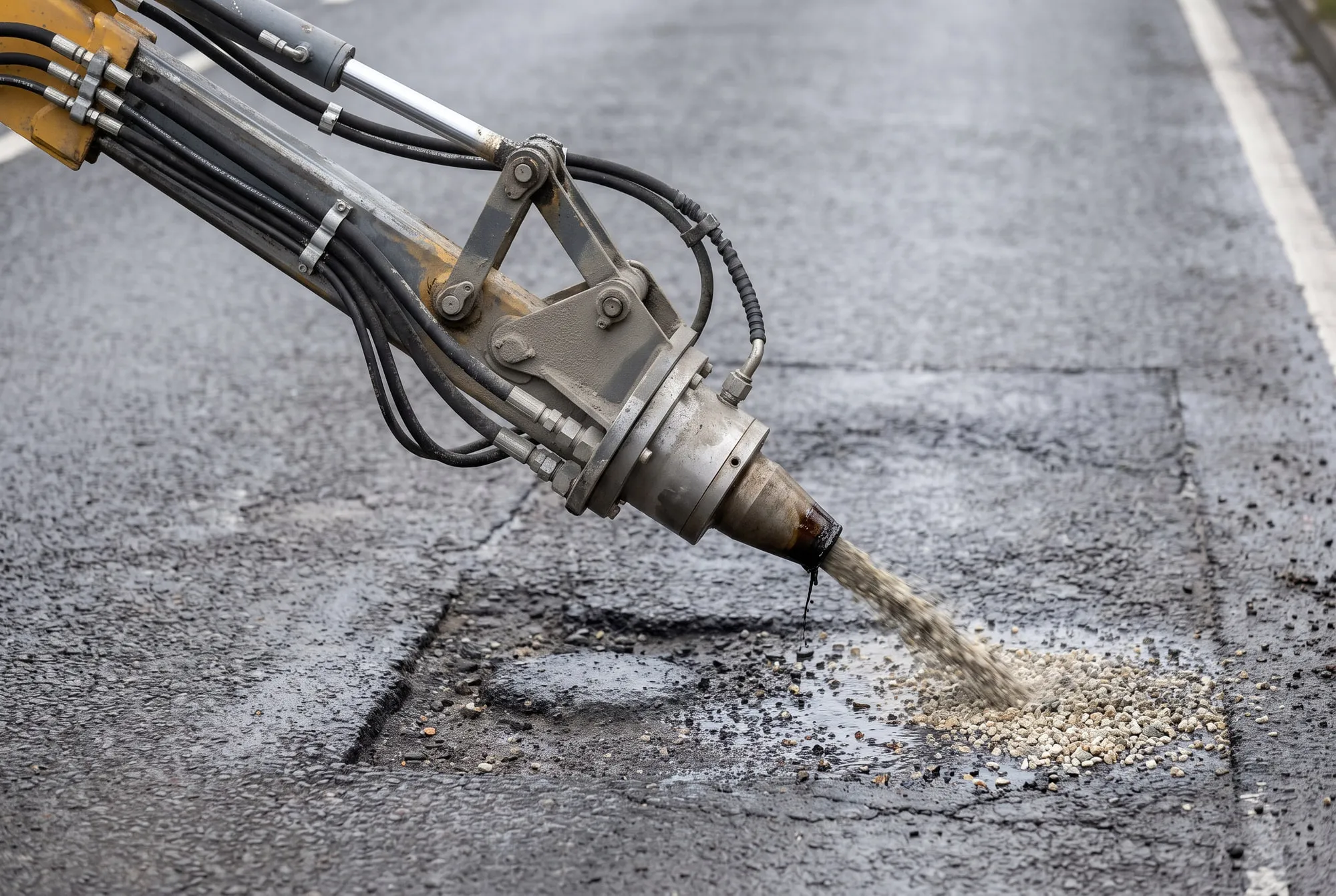 Close detail of specialist rapid patching equipment applying aggregate and bituminous binder into a prepared asphalt carriageway defect.